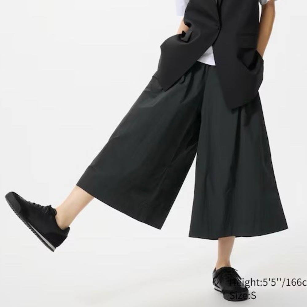Uniqlo C Wide Leg Culotte Pleated Pants Charcoal Gray Elastic Back Trousers L